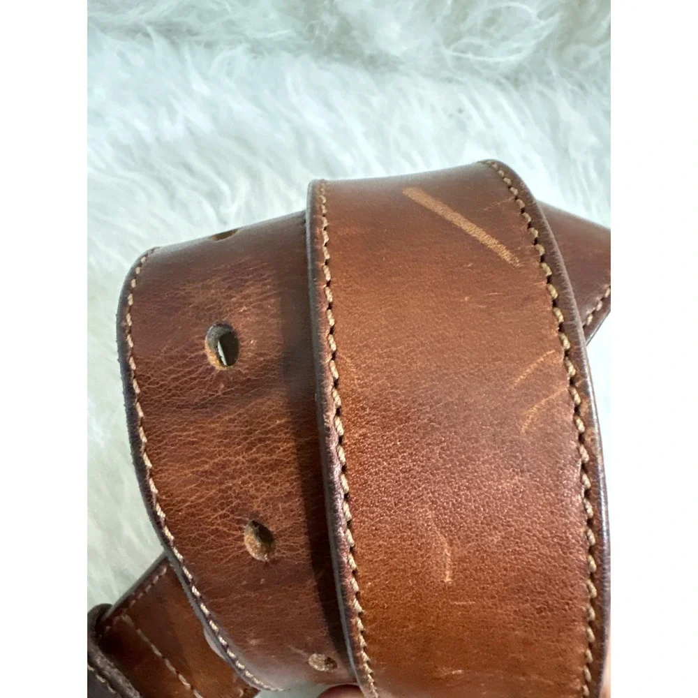 Eddie Bauer Brown Leather Belt Made in USA Rugged Silver Buckle 26-34 Inch